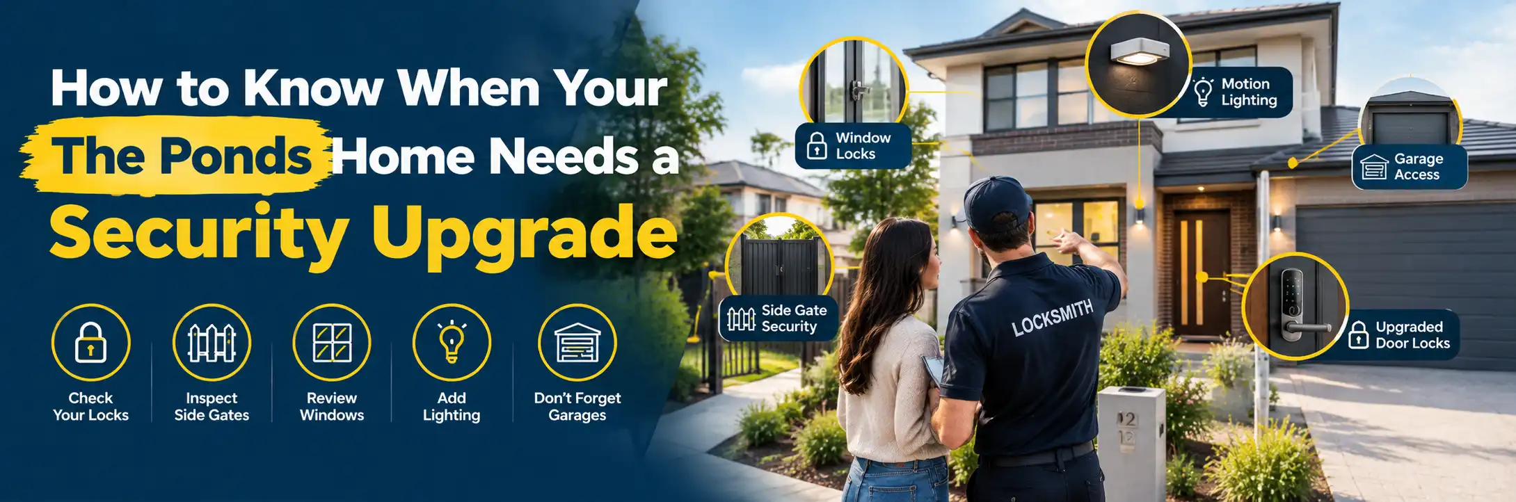 Professional locksmith inspecting a modern The Ponds home security setup with upgraded door locks, window locks, side gate security, motion lighting, and garage access.
