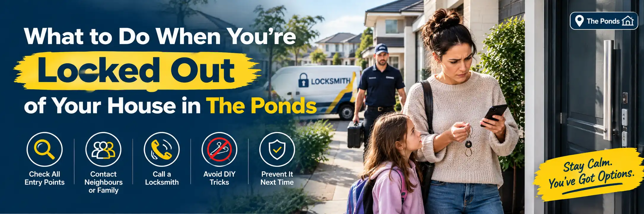 Locked-out homeowner and child outside a modern house in The Ponds, with a locksmith arriving and practical steps for handling a home lockout.